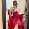 1011 lace-edged long-sleeved nightgown suspender skirt spring and autumn two-piece set thin ice silk women's loungewear pajamas