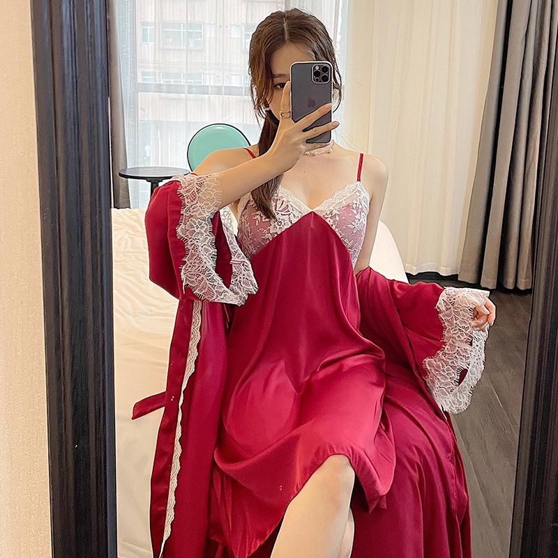 1011 lace-edged long-sleeved nightgown suspender skirt spring and autumn two-piece set thin ice silk women's loungewear pajamas