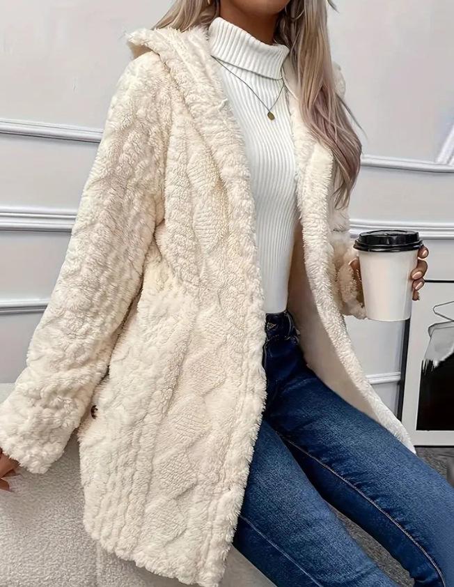 2024 Autumn/Winter Women's Mid-Length Plush Hooded Coat - European & American Style