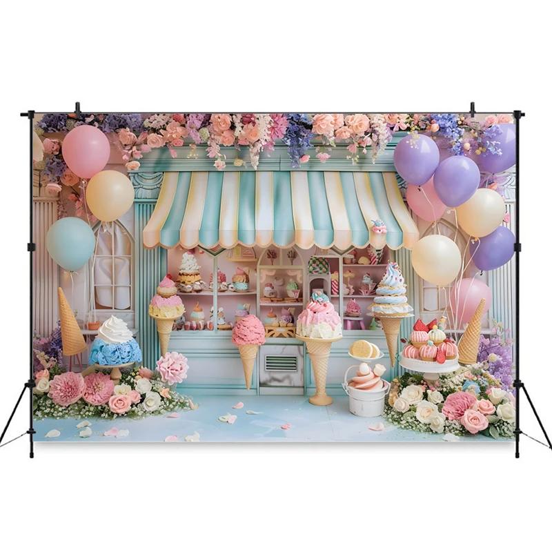 Ice Cream Backdrop For Photography Cake Crush Dessert Shop Balloon Flower Background Wedding Birthday Party Decoration Backdrops