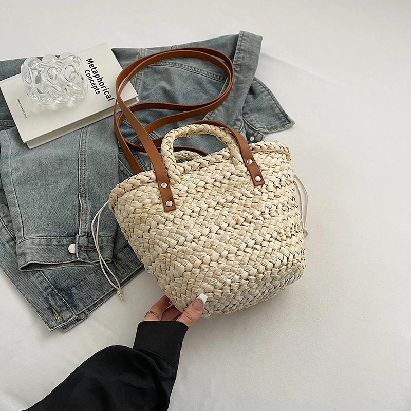 

Летняя пляжная сумка ручной работы из соломы в стиле бохо, дизайнерская сумка через плечо для отдыха