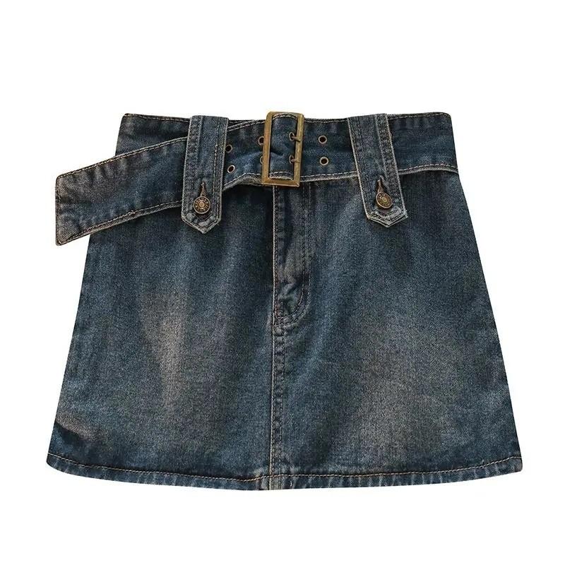 Denim Skirt Women Summer Retro High Waist Spliced Pattern For Casual Chic Look