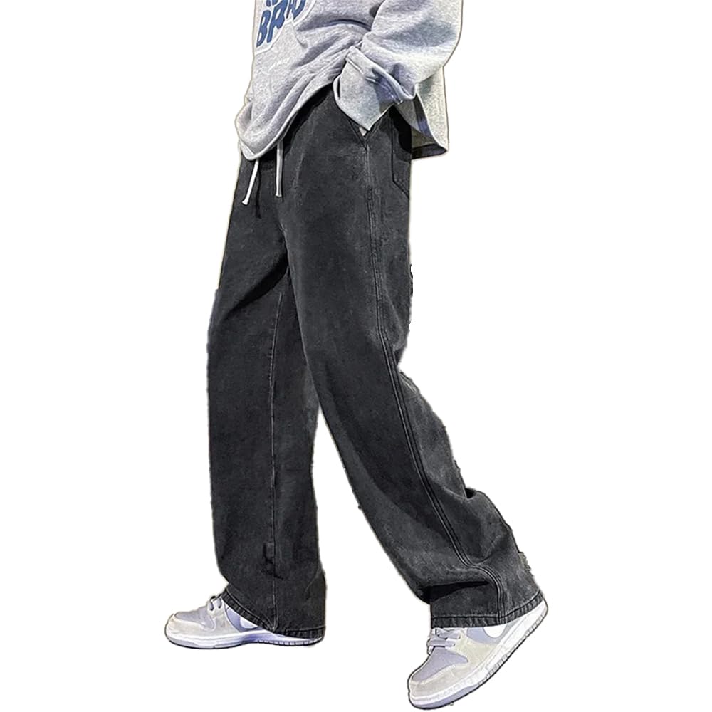 

KISSOS Men s Wide Leg Denim Pants, Straight, Loose Fit, Casual, Relaxed, Solid Color, Stylish, Streetwear, Korean Style (JP, Alphabet, L, Black)