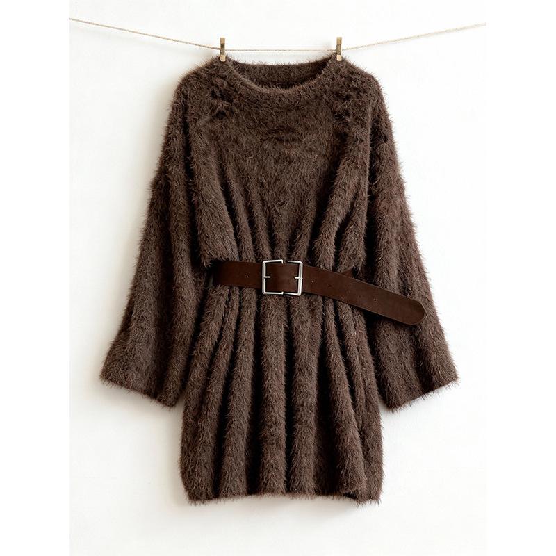2025 Old Money Style Grey Medium-Long Knit Sweater for Autumn/Winter