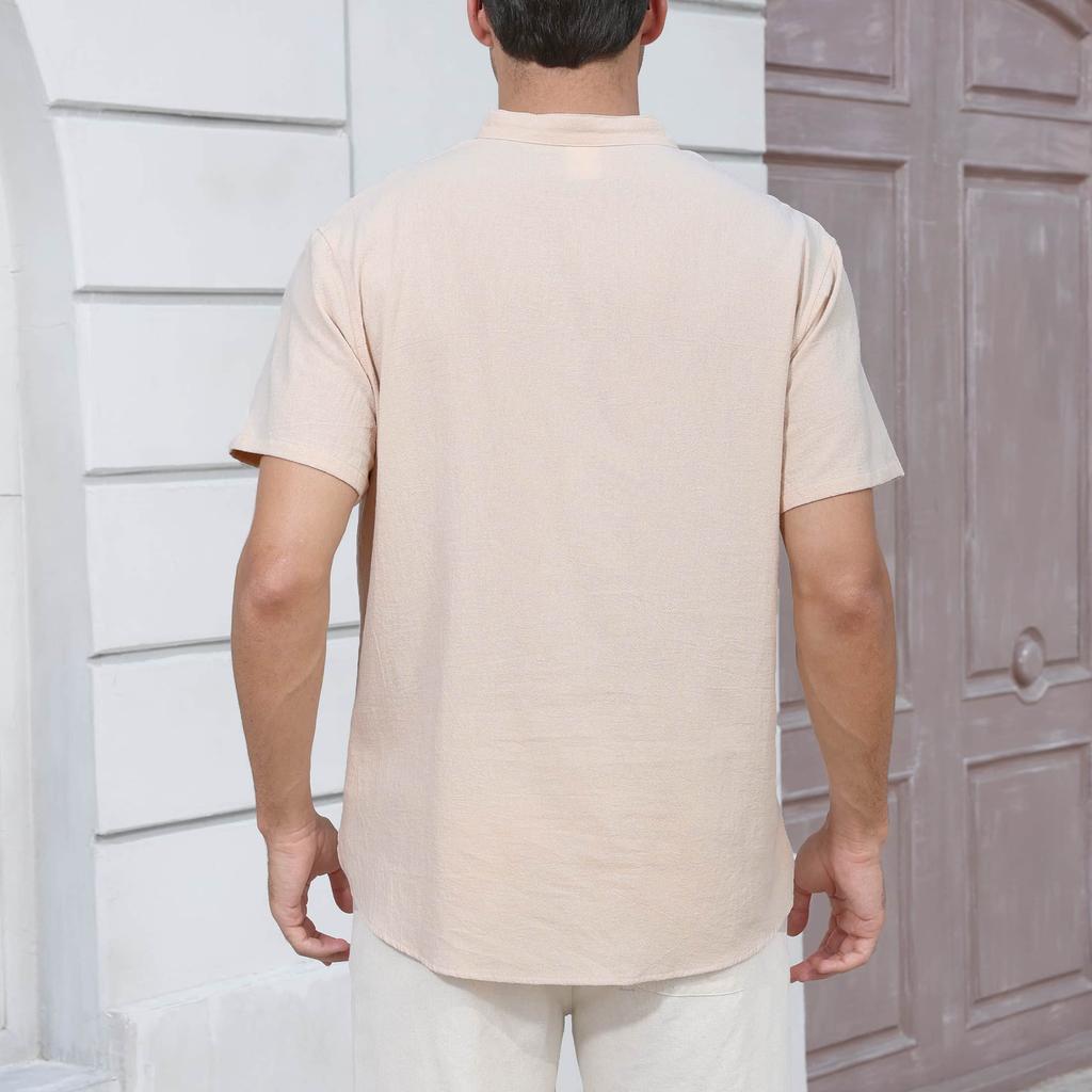 Summer New Men's Lightweight Cotton Linen Short Sleeve Henley Neck T-shirt - Breathable Casual Solid Color Tops Basic Style Tees