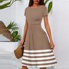 Women's Casual Fashion Round Neck Pleated Short Sleeve Striped Printed A-Line Midi Dress