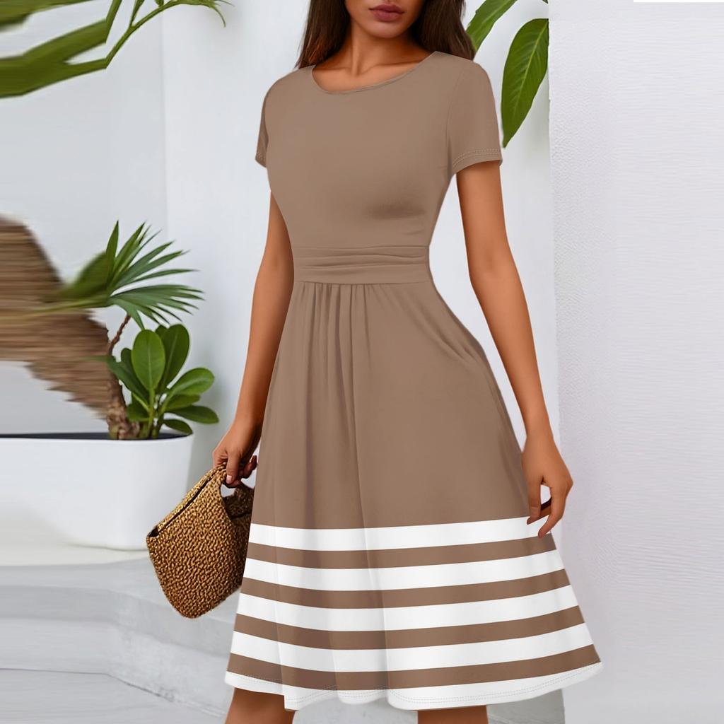 Women's Casual Fashion Round Neck Pleated Short Sleeve Striped Printed A-Line Midi Dress
