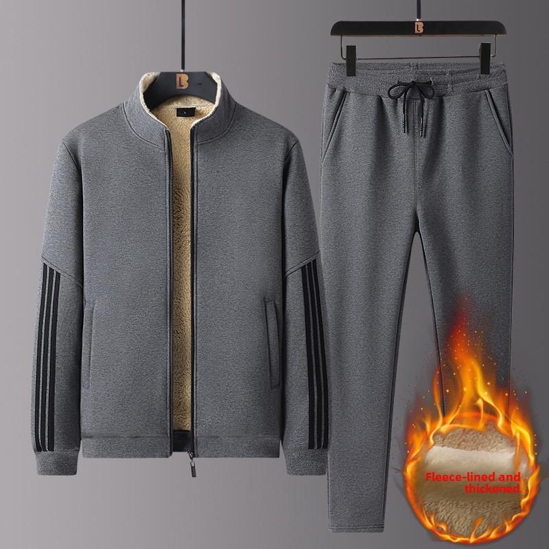Middle-aged and Elderly Men's Warm Sweatshirt Set Winter Fleece Lined Thickened Sports Jacket Dad's Winter Outfit Lamb Wool Two-piece Set