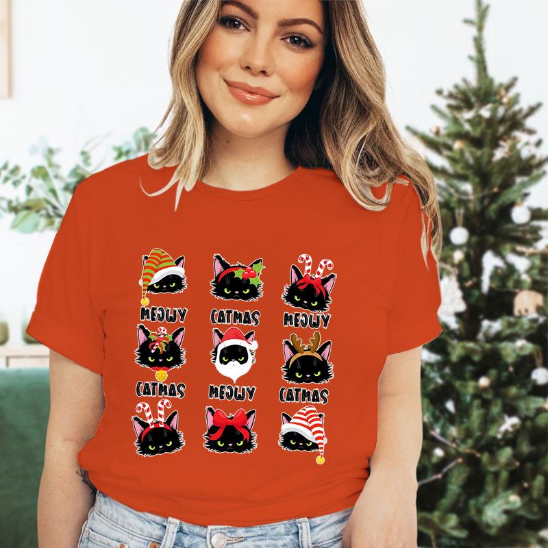 Merry Christmas Cat Classic Tshirt Santa Cat Lover Gift for Christmas Crew Neck Womens Clothing Festive Short Sleeve Tshirts