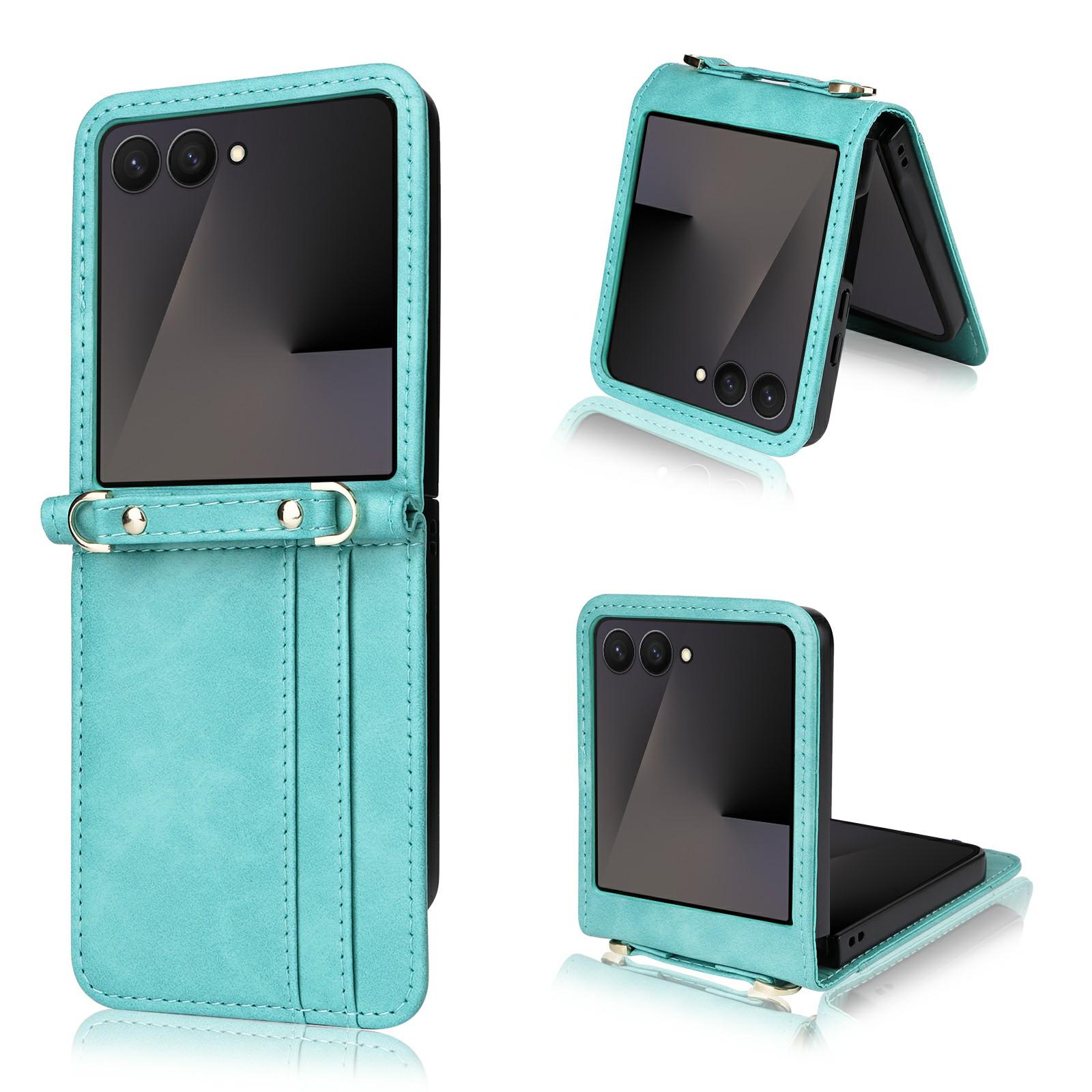 

For Samsung Galaxy Z Flip7 5 Case Card Slots Leather Phone Cover with Lanyard