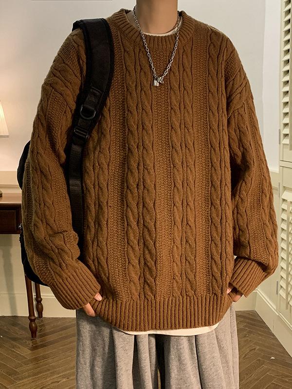 Men's Loose Fit Cable Knit Crew Neck Sweater - Retro Hong Kong Style Autumn/Winter Knitwear