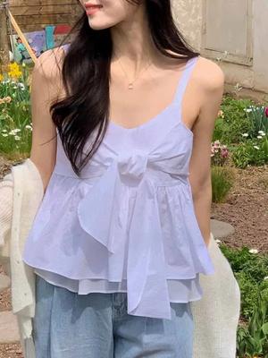 Καλοκαιρινά Σέξι Αμάνικα Νέα Αμάνικα Μπλουζάκια Γυναικεία Λουράκι Κορεατική Μόδα Φιόγκος V-λαιμόκοψη Τοπ Γυναικεία Γλυκά Βολάν Πάρτι Σικ Ρούχα Παραλίας