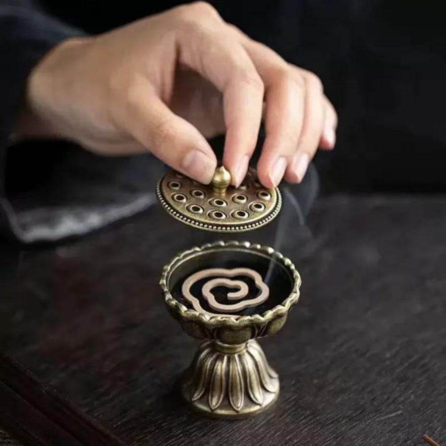 Neoclassical Lotus Alloy Incense Burner with Auspicious Clouds Design