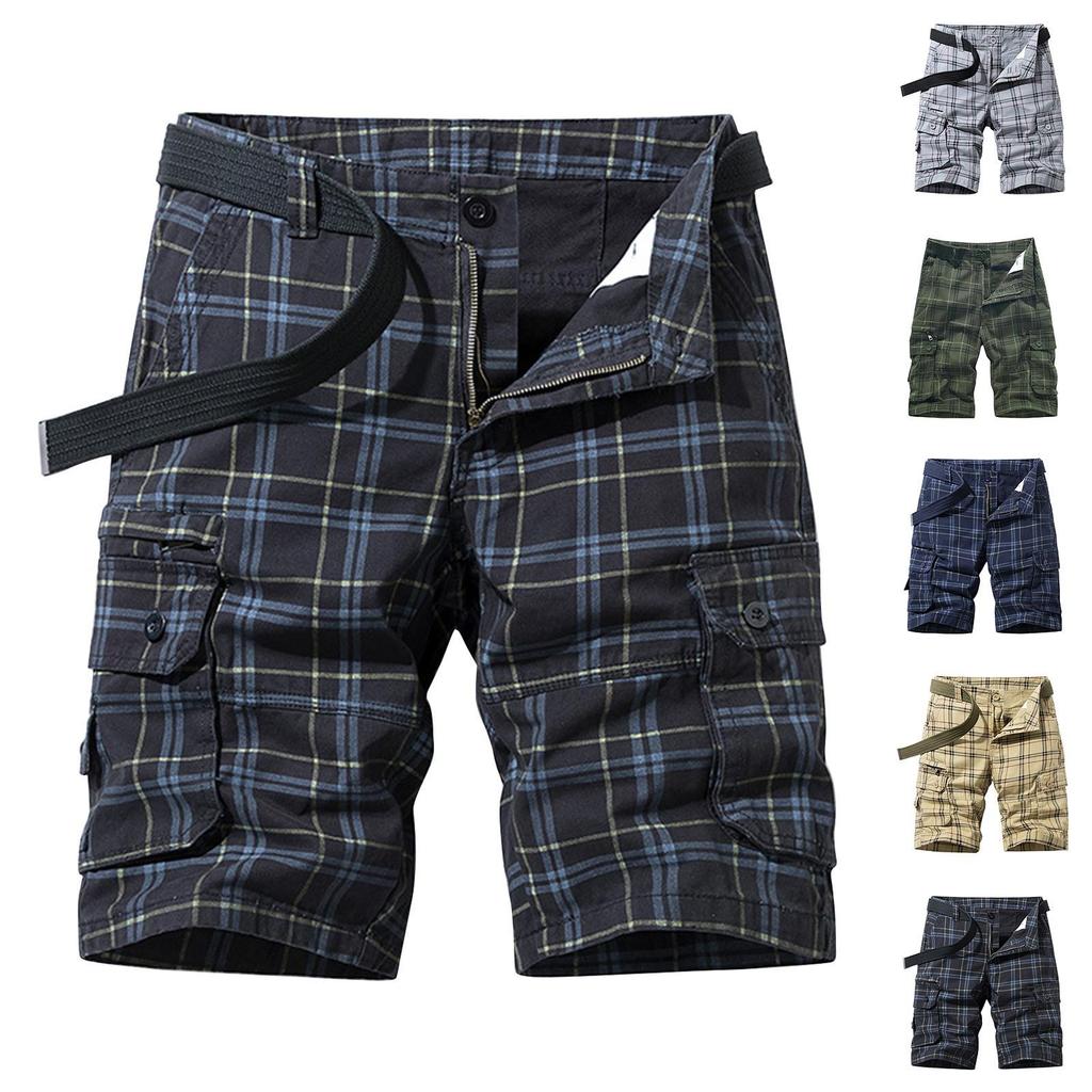 New Pure Cotton Summer Men's Shorts Casual Sports Tooling Five-point Pants Simple Plaid Slim-fitting Medium Pants Multi-bag Pants
