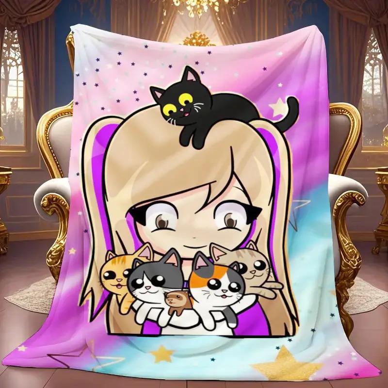 1pc Kawaii Anime Girl with Cats Flannel Throw Blanket, 2D Pastel Star Print, All Season Warm Blanket for Kids Bedroom, Living Ro