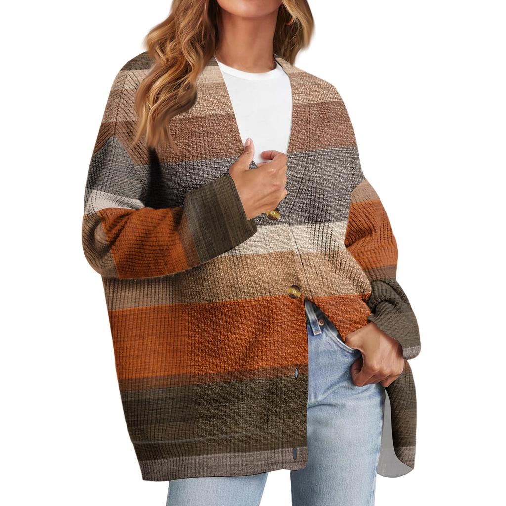 Women's Fashion Long Sleeve Print V-Neck Button Loose Cardigan Top