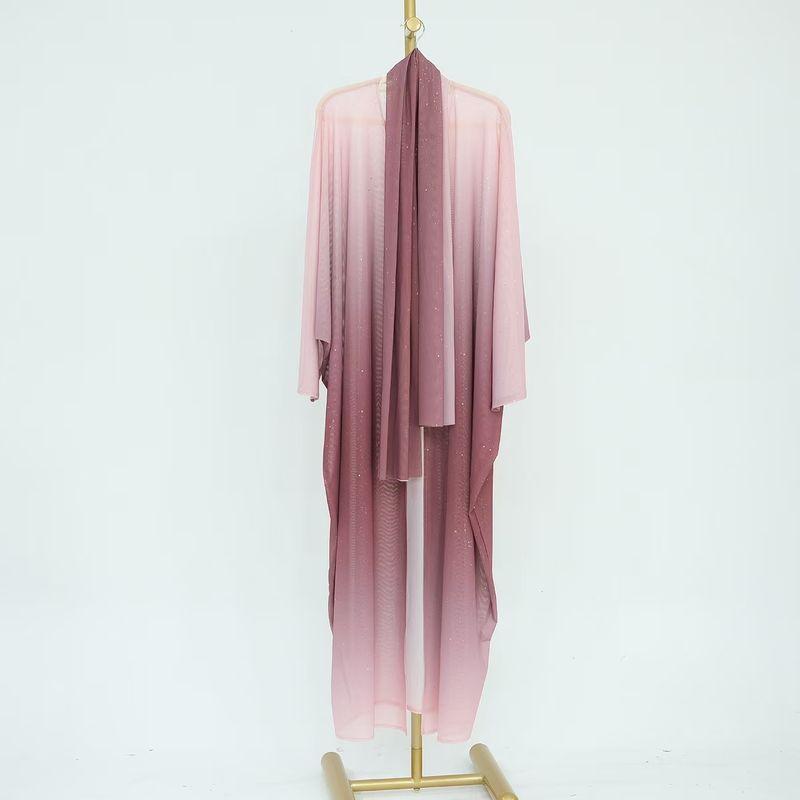 

Middle East New Arrival Gradient Color Cardigan with Headscarf Robe Dress Cardigan Gradient Dress Pink + Turban L