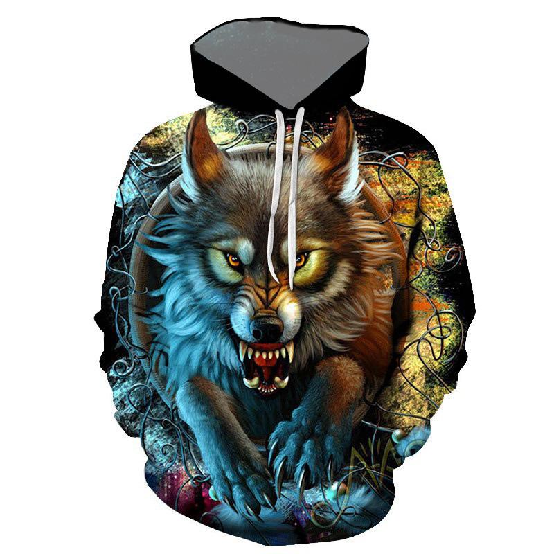 2026 New Men's Autumn/Winter Long-Sleeve Hoodie Euro-American Street Style 3D Wolf PrintUnisex Woman's