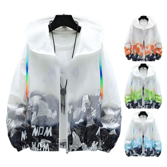 Men Sun Protection Clothing Hooded Long Sleeve Pockets Sunscreen Jacket Zipper Placket Shoes Print Quick Drying Windbreaker