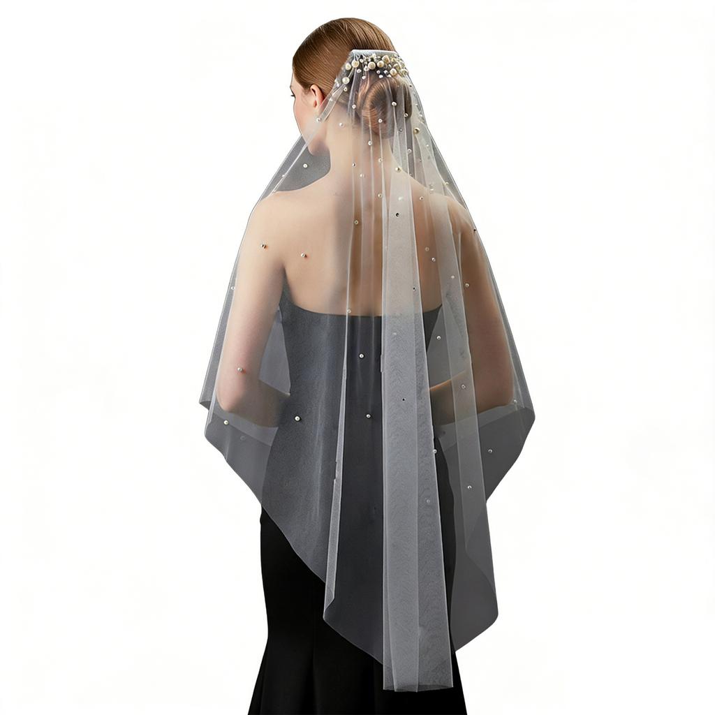 Seethrough Sheer Bridal Veils with Pearls Rhinestones Beadwork Chapel Veils for Wedding Ceremony Gathering Bride Essential