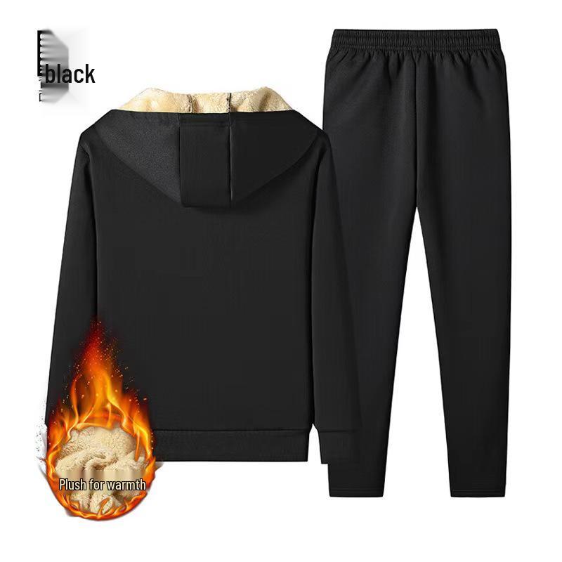 Men's 2024 Autumn/Winter Fleece-Lined Lambswool Hooded Two-Piece Set (Plus Size Available)