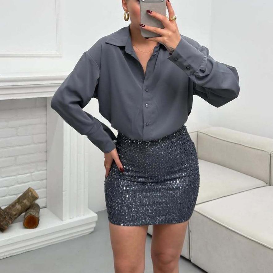 Cross2026 Women s Spring/Summer Casual Loose Long Sleeve Solid Color Shirt for Dating & Commuting M шифер серый