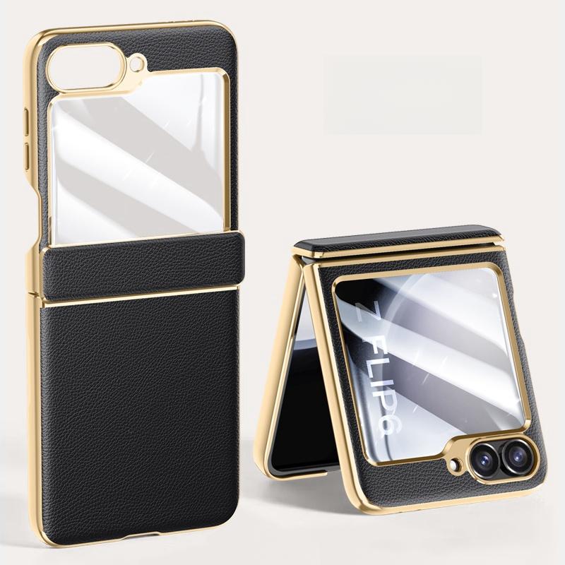 Electroplated Skin Friendly Leather Phone Case for Samsung Galaxy Z Flip 7 6 5 Tempered Film Shockproof Plating Fold Hinge Cover