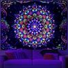 Amtoodopin Blacklight Mandala Tapestry UV Reactive Psychedelic Neon Tapestry Hippie Indian Bohemian Wall Tapestries Aesthetic Floral Tapestries Wall