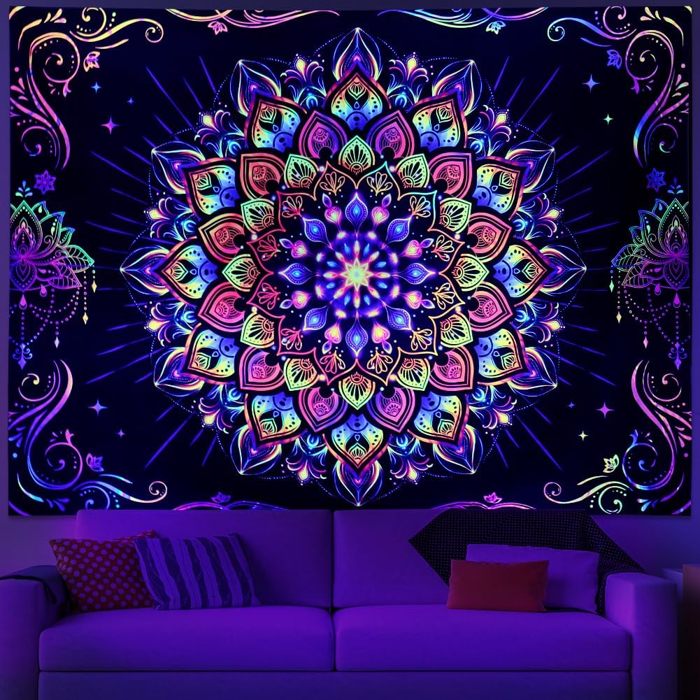 Amtoodopin Blacklight Mandala Tapestry UV Reactive Psychedelic Neon Tapestry Hippie Indian Bohemian Wall Tapestries Aesthetic Floral Tapestries Wall