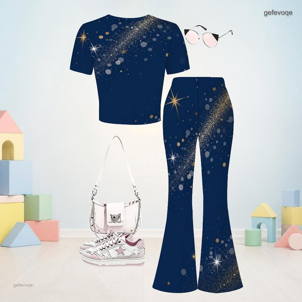 Girls Round Neck Short Sleeve Printed Top And Flared Pants Navy Blue Two Piece Set
