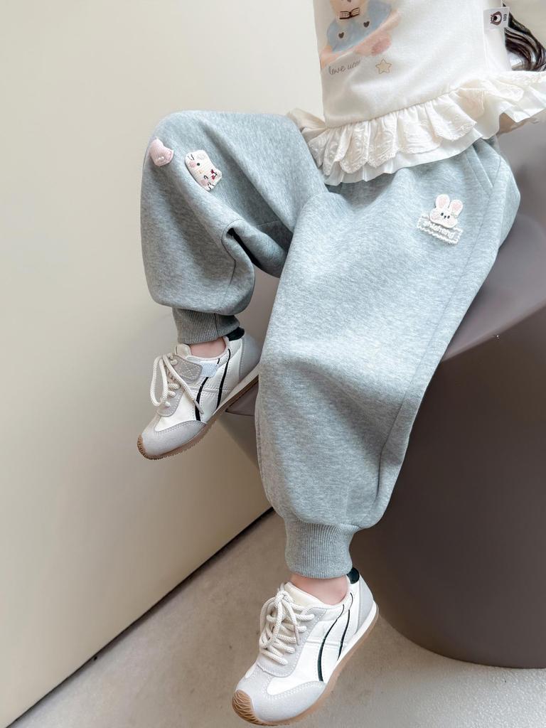 Girls' Autumn Rabbit Embroidery Sweatpants - Fashionable Casual Long Pants for Baby and Medium-sized Kids