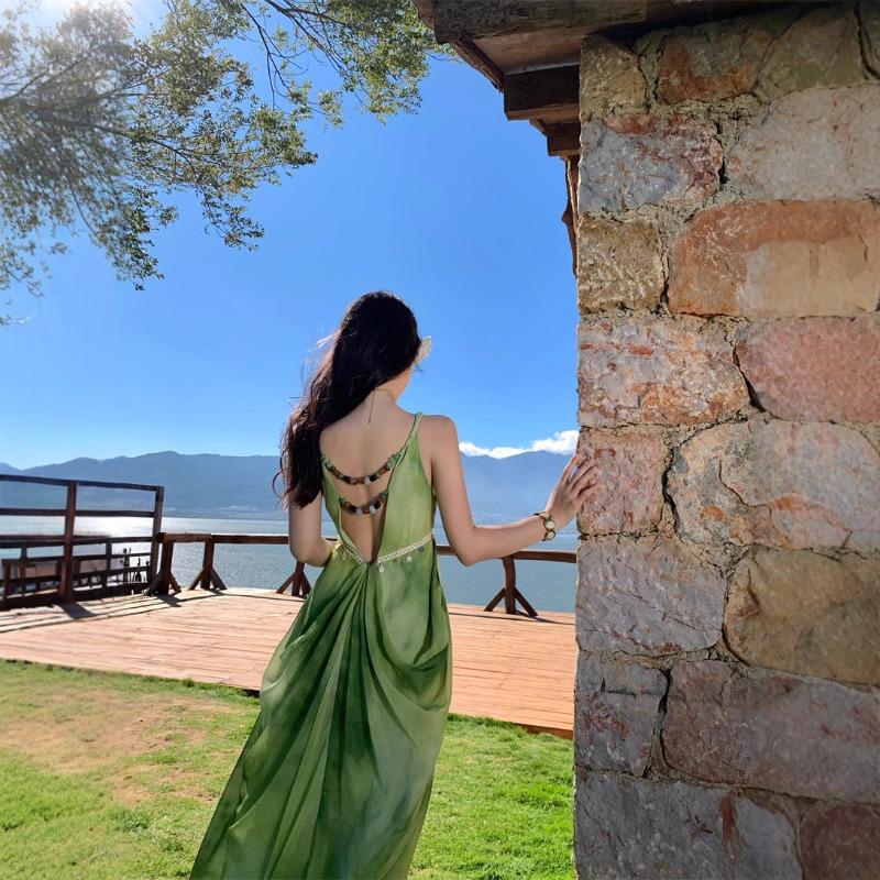 New Chinese Zen Cold Sense Smudged Green Beaded Backless Dress Photo Seaside Vacation Collar Suspender Dress