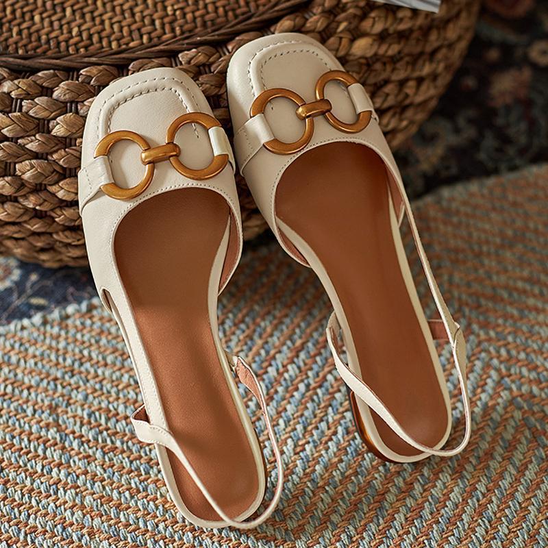 Baotou Back Empty Strap Sandals Women's Spring and Summer 2025 New Fashion Metal Buckle Low Thick Heel Square Head Single Shoes