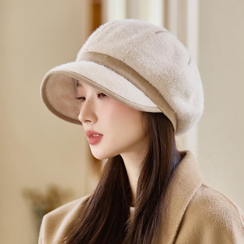 Fleece Warm Octagonal Hat Women's Autumn and Winter Outdoor Windproof Ear Protection Beret British Retro Cap
