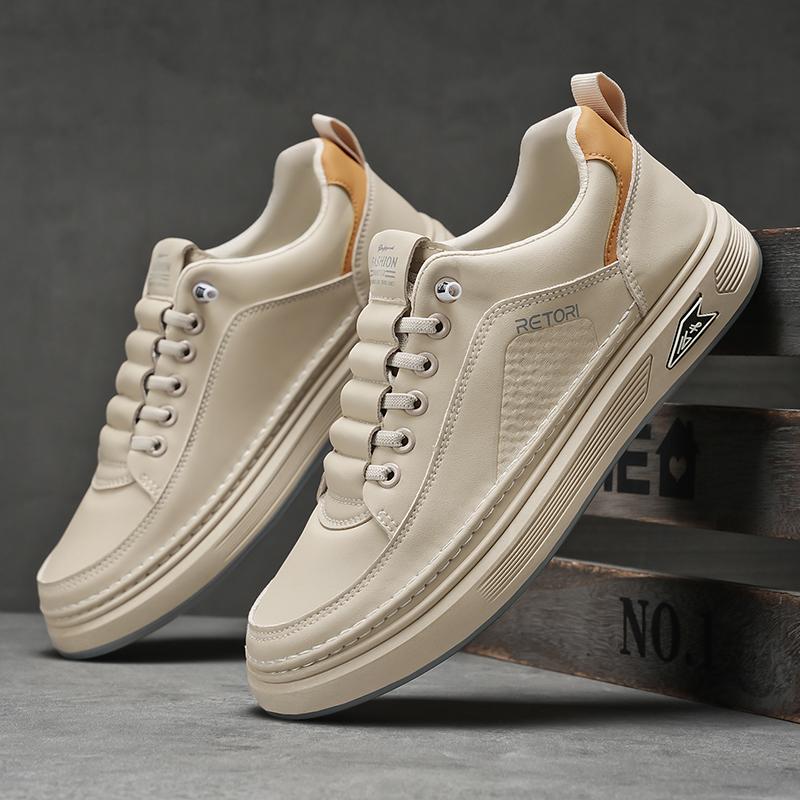 

Men Sneakers New Men s Shoes Lightweight Leather Cover Platform Anti Slip Wear Resistant Casual Versatile Board Shoes 44 бежевый