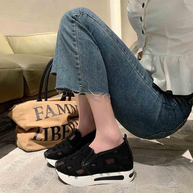 Women's fashion flat bottom inner height increase mesh yarn breathable casual single shoes support platform one piece