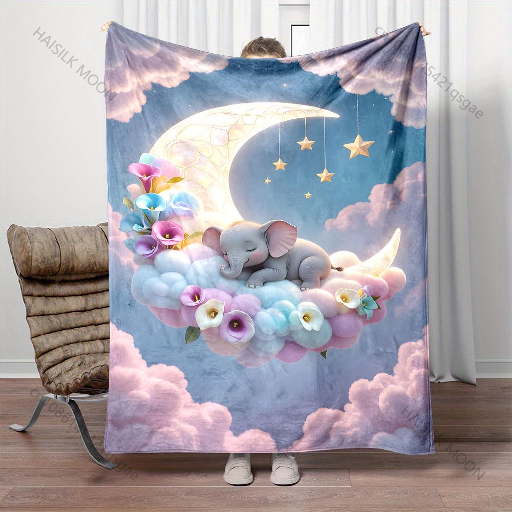 Multiple Sizes Dreamy Cloud and Sleeping Elephant Print Blanket Adult Children Warm for Home Travel Soft Comfortable Blanket