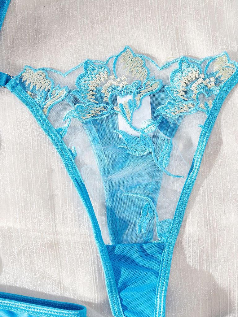 European & American Mesh Floral Embroidery Underwire Push-Up See-Through Temptation Lingerie Stocking Set.