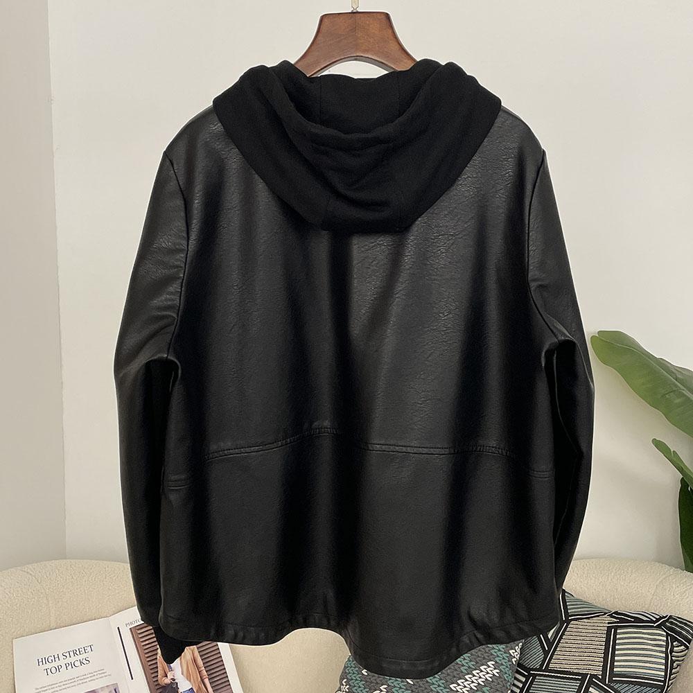 OFTBUY Femmes À Capuche Vintage Ample PU Faux Cuir Chapeau Veste Courte Décontractée Veste de Moto Féminine Zippée Rétro Moto Biker Manteau Vêtements d'Extérieur Hauts