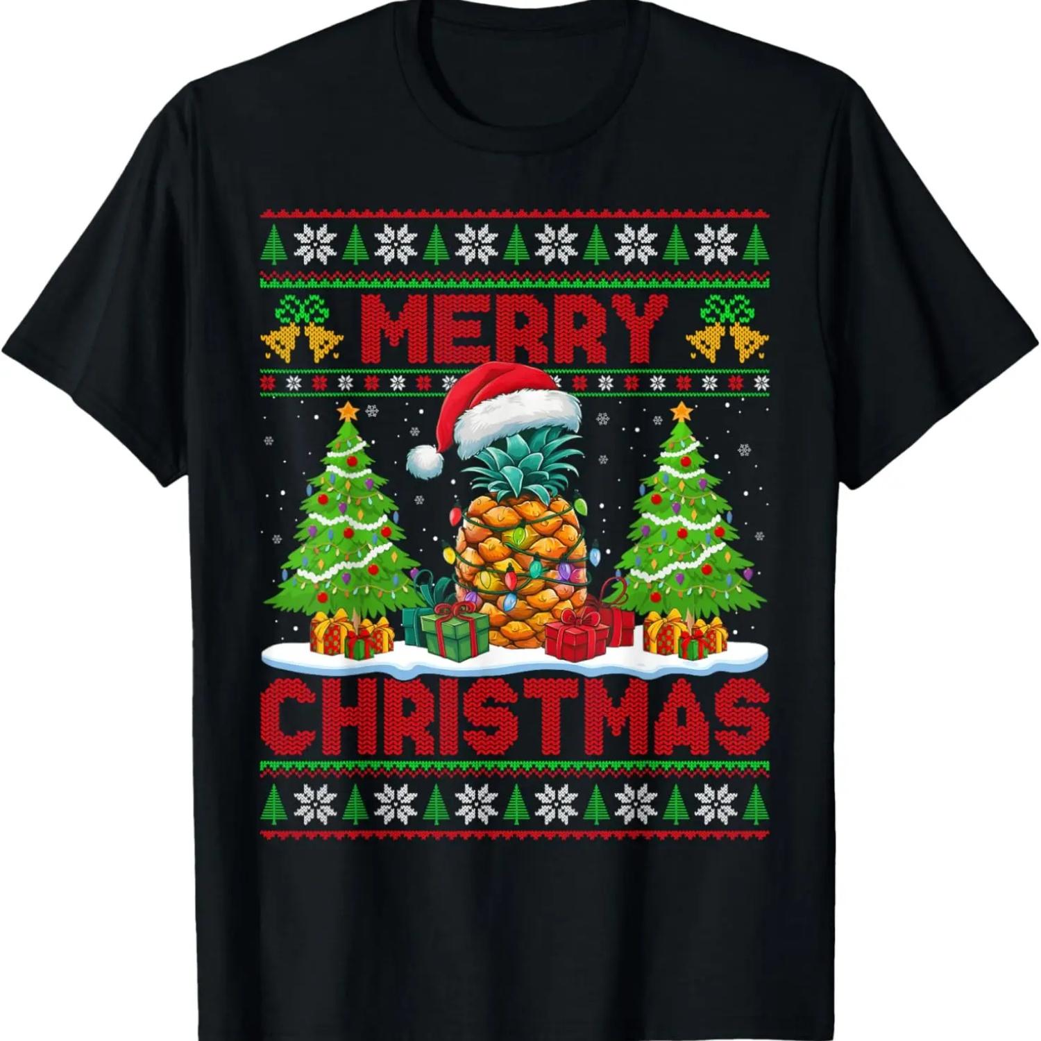 Xmas Tree Lights Ugly Style Santa Hat Pineapple Christmas T-Shirt S
