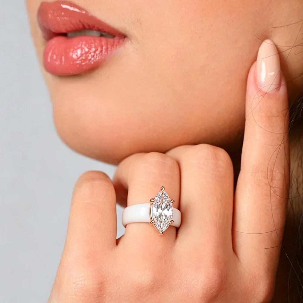 White Silicone CZ Ring for Women, Marquise Cut Cubic Zirconia with Rose Gold Prongs, Daily Wear Casual Fashion Jewelry Gift