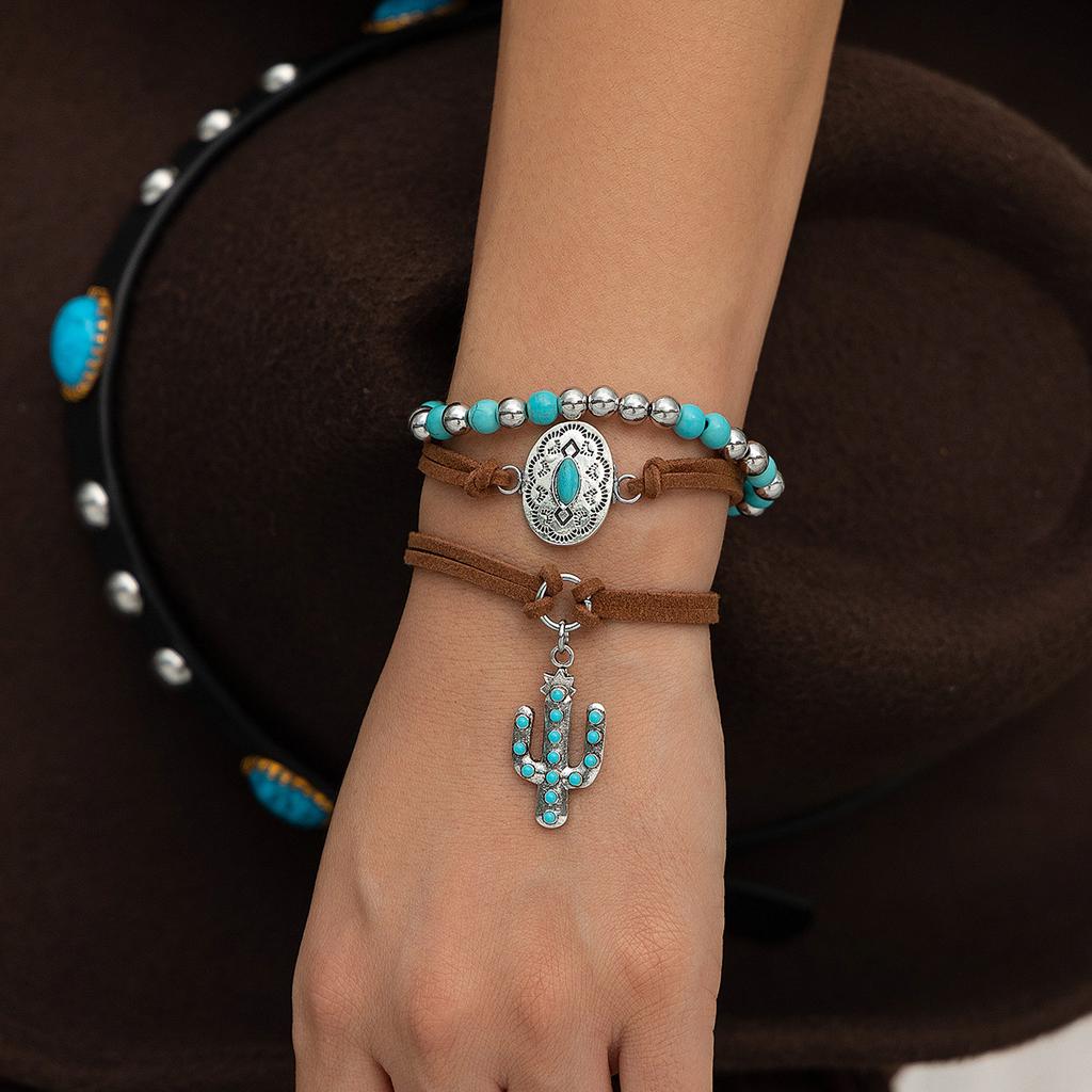 Ethnic Style Retro Imitation Turquoise Cactus Tag Bracelet Set Personalized Multi-Element Beaded Jewelry