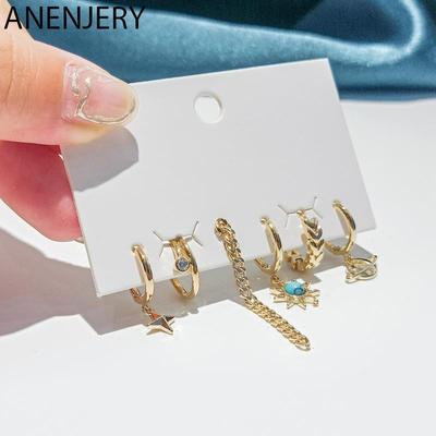 Sun Stars Planet Chain Tassel Hoop Earrings Creative Golden 6-piece Earring Set For Women