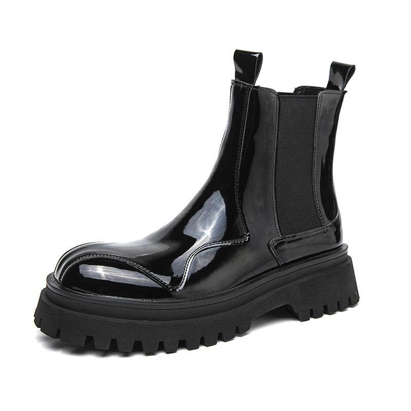 

British medium tube Martin boots men s trendy leather platform cigarette boots glossy black Chelsea boots European and American high-top shoes men 38 чёрный