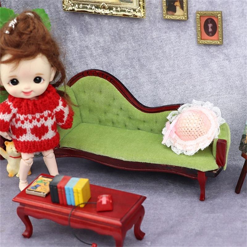 Cute 1:12 Scale Dollhouse Living Room Armchair Furniture Simulation Wood Sofa Couch Model Living Room Toy for Girls