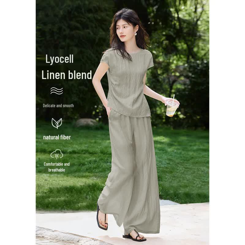 XWI Women s Lyocell Linen Blend Cooling T-Shirt & Straight Leg Pants Set M