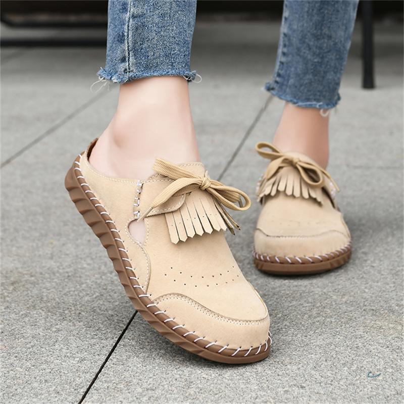 Pink Suede Woman Mules Shoes Big Size 43 Tassel Fashion Women's Shoes Quality Handmade Ladies Flats Summer Half Shoes For Women