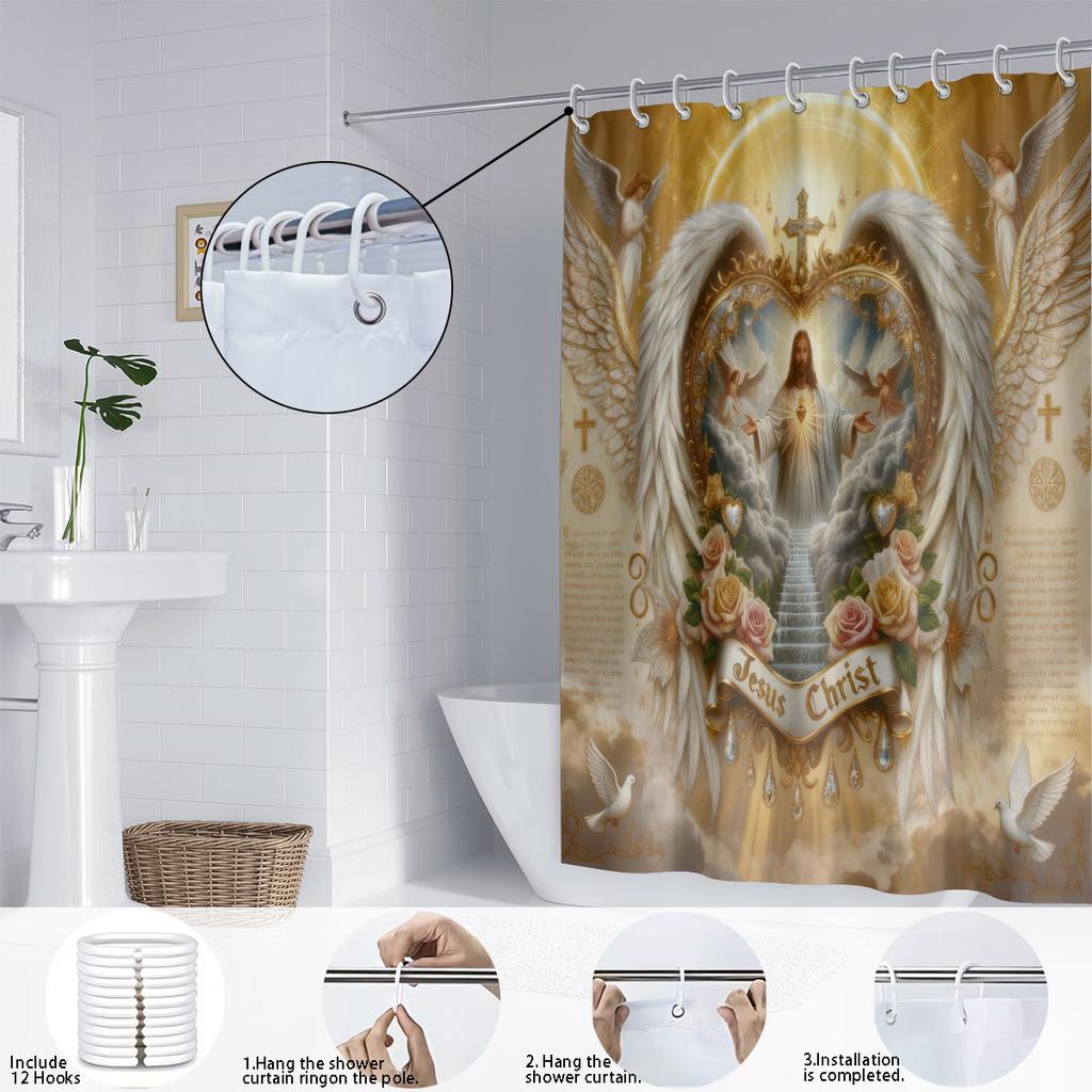 1 ks Vodotěsný sprchový závěs s potiskem Svatého Ježíše, Dělící závěs pro soukromí, Závěsný závěs s 12 háčky, Více velikostí, Lze prát v pračce