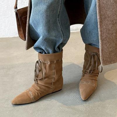 Nischen-Retro-Plateau-Stiefel Damen-Kurzstiefel 2025 Herbst neu absolut einzigartige plissierte Western-Cowboystiefel