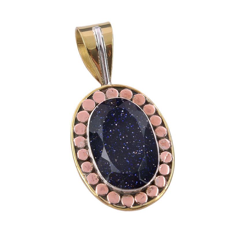 Natural Blue Sunstone 925 Solid Sterling Silver Gift TwoTone Pendant 1.50" L3M78